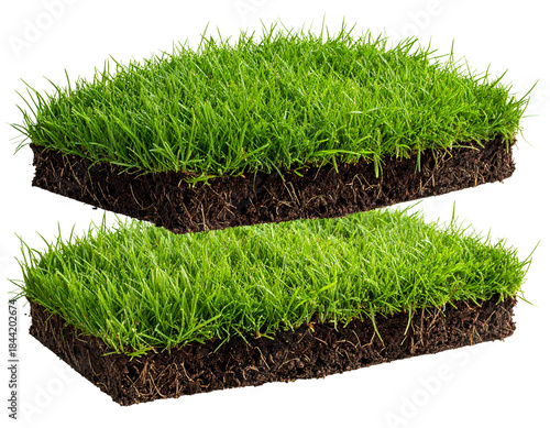 Stacked sod squares, green grass, brown soil, roots visible