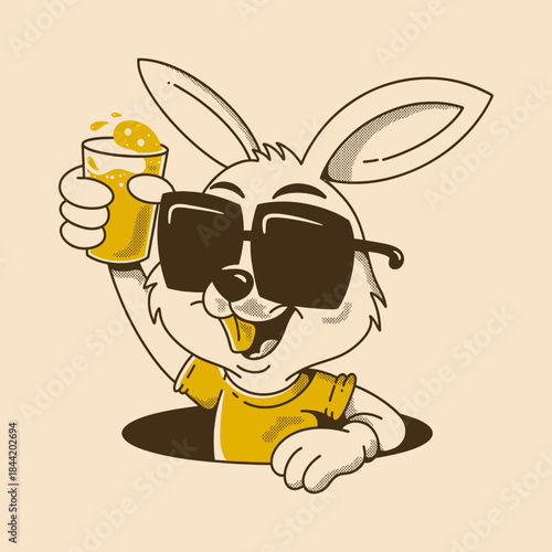Cheerful Cartoon Rabbit with Sunglasses and Drink