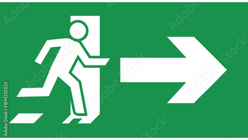 A universally recognized green emergency exit sign with a white running figure and a directional arrow, indicating a safe escape route during critical situations.