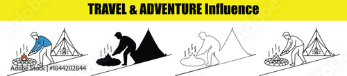 Person Tending Campfire by Tent with Smoke in Four Styles camping
