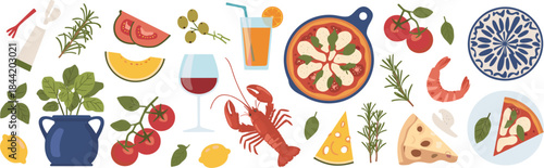 Italian Food And Drink Ingredients With Seafood And Pizza vector illustration