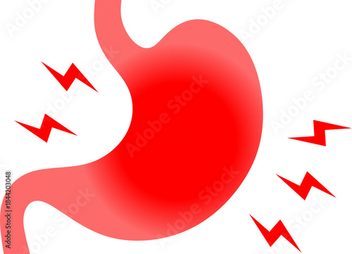 Red stomach icon showing gastric pain, inflammation, ulcer, or heartburn. Medical illustration for digestive problems, healthcare concepts, disease symptoms, and health education design.