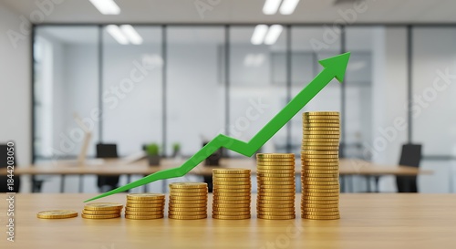 Stacks of coins with green upward arrow on office table gold 1