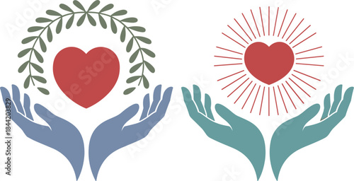 Two Hands Holding Red Heart Symbols With Different Decorative Elements vector illustration