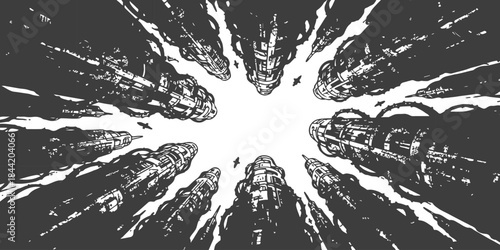 Futuristic alien spaceships descending, epic sci-fi illustration isolated on white background