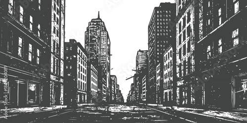 Graphic city street view with tall buildings and urban perspective isolated on white background