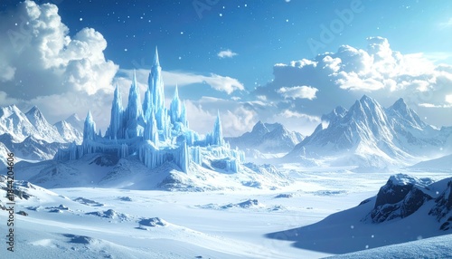 Majestic icy castle on a snowy mountain range under a cloudy winter sky