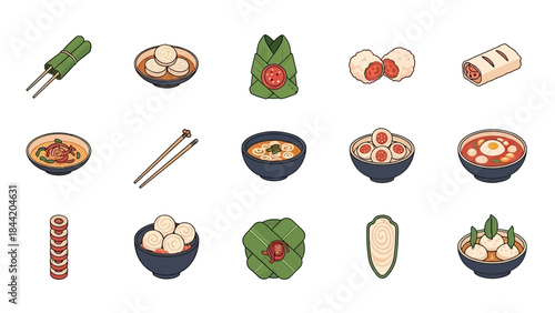 Assortment of Delicious and Diverse Food Items in a Flat Illustration Style