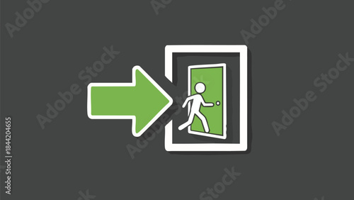 This minimalist graphic features a stick figure running through an open doorway, with a prominent green arrow guiding the exit path, symbolizing departure or logging out from a system.