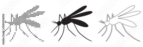 Three distinct representations of a mosquito, from pixelated to silhouette to outline.