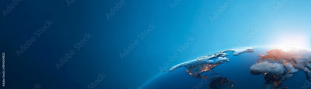 Obraz premium Global Economy Opportunities for Startups, Earth from space with a glowing horizon against a blue background.