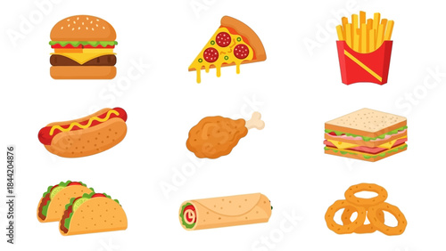 Collection of Delicious Fast Food Icons Featuring Burgers, Pizza, Fries, Hot Dogs, and More for Culinary Design
