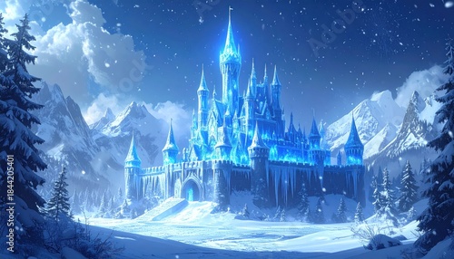 A luminous ice castle sparkles amidst a snowy winter landscape, embraced by mountains