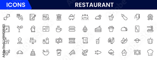 Restaurant line icons set. Restaurant, menu, cooking, drink, chef, table, cafeteria, wine, dish, and eating. Vector illustration