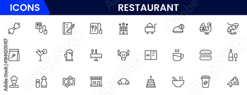 Restaurant line icons set. Restaurant, menu, cooking, drink, chef, table, cafeteria, wine, dish, and eating. Vector illustration