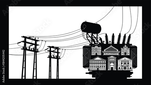 Powering modern society, electricity transformer with cityscape of banks and institutions, representing finance, energy, and government infrastructure connection, vector silhouette