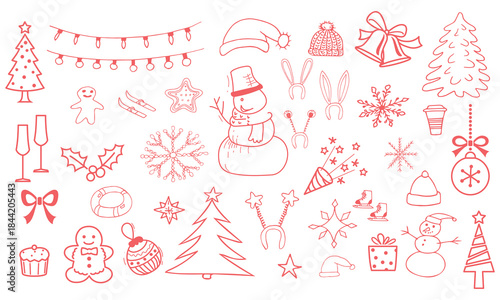Christmas outline drawings vector bundle with various decorations, trees, toys, bell, stars and other noel elements for party celebration. Hand drawn silhouettes doodle clipart