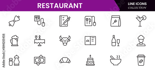 Restaurant line icons set. Restaurant, menu, cooking, drink, chef, table, cafeteria, wine, dish, and eating. Vector illustration