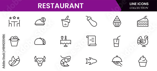 Restaurant line icons set. Restaurant, menu, cooking, drink, chef, table, cafeteria, wine, dish, and eating. Vector illustration