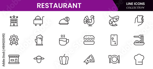 Restaurant line icons set. Restaurant, menu, cooking, drink, chef, table, cafeteria, wine, dish, and eating. Vector illustration