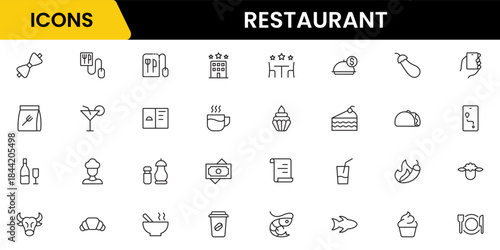 Restaurant line icons set. Restaurant, menu, cooking, drink, chef, table, cafeteria, wine, dish, and eating. Vector illustration