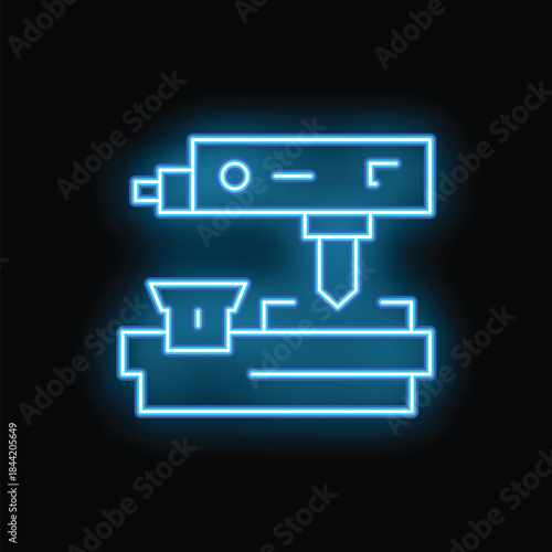Glowing blue neon icon of a milling machine processing a metal piece in a workshop, symbolizing industrial manufacturing processes