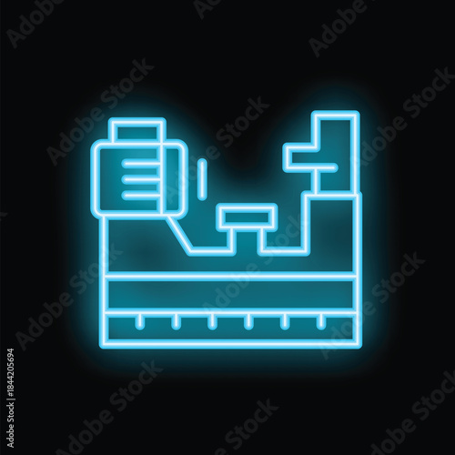 Neon blue treadmill with display showing time and calories burned for cardio workout at gym or home on black background illustration in line style