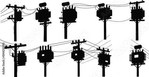 Silhouette collection of pole-mounted electrical power distribution transformers on wooden utility poles with tangled overhead wires, representing energy infrastructure and electricity generation