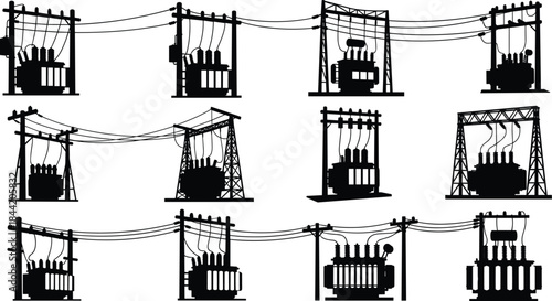Title: Silhouette collection of industrial electrical distribution substations and power transformers representing high-voltage energy transmission, infrastructure, and the global power grid system