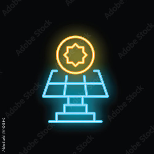 Neon glowing icon of a solar panel converting sunlight into islamic rubel currency, representing the concept of islamic finance in renewable energy investments