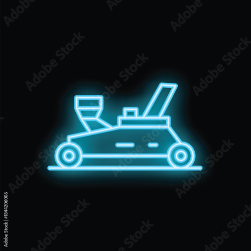 Blue glowing neon line hydraulic car jack icon isolated on black background