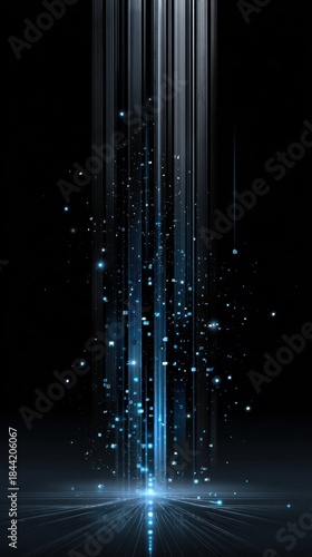 Glowing vertical light beams particle cascade digital data stream blue light dark background vertical composition