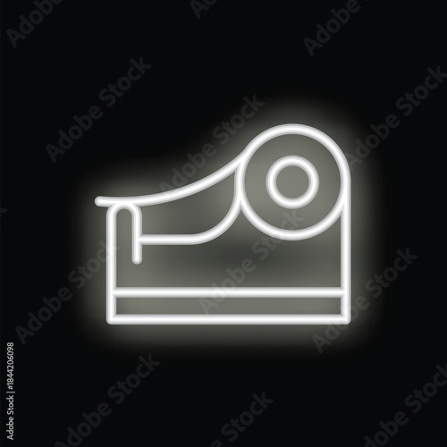 Neon sign of a tape dispenser glowing white against a black background