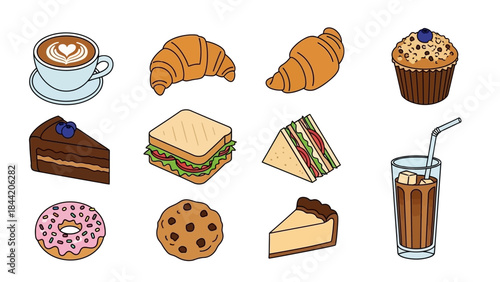 A delightful assortment of breakfast and snack items, including pastries, sandwiches, and beverages, perfect for a quick bite or a casual meal
