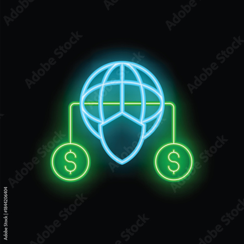 Glowing neon line icon of a globe with dollar currency symbols, representing the concept of global business investment