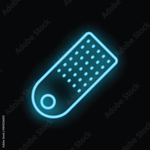 Bright blue neon icon of a cheese grater kitchen utensil glowing on a black background