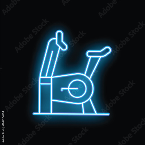 Bright blue neon sign depicting a stationary exercise bike glowing against a black background