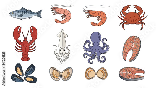 Collection of delicious seafood and fish dishes, including salmon, shrimp, lobster, crab, octopus, squid, mussels, and clams, perfect for culinary inspiration and restaurant menus