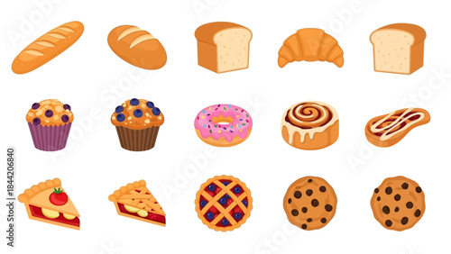 A delightful assortment of freshly baked goods, including bread, pastries, muffins, donuts, pies, and cookies, perfect for any occasion