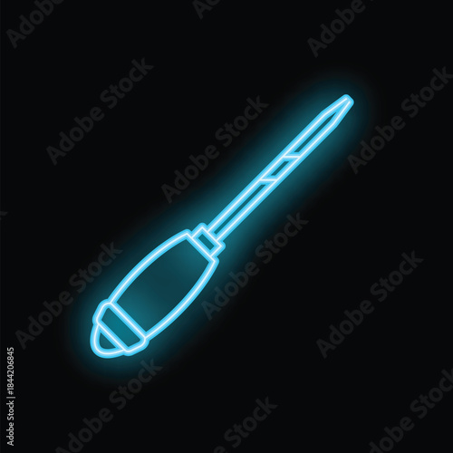 Neon awl icon glowing in blue light on a black background