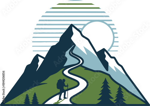 A hiker on a winding path towards mountains with a sun rising behind them in a scenic landscape with trees and green hills