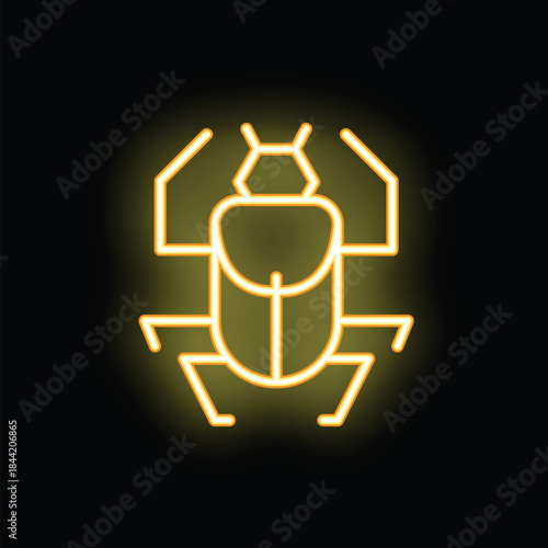 Neon icon of a bug with six legs and antennas is glowing yellow on a black background