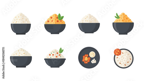 A colorful and appetizing collection of various rice dishes in bowls and plates, showcasing different textures and toppings