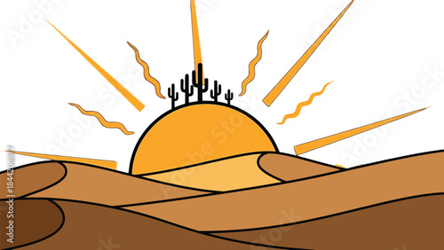 A desert landscape with a large sun and cacti at sunrise or sunset