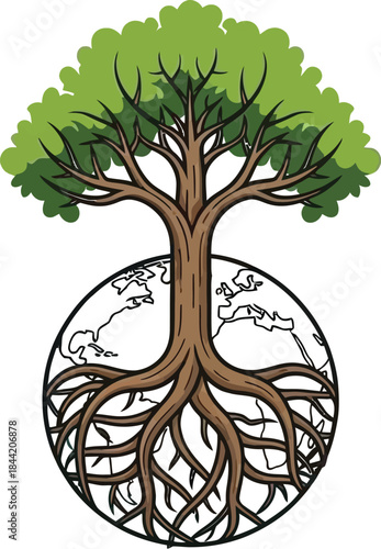 A tree with green leaves and roots growing around the globe on symbolizing nature and ecology