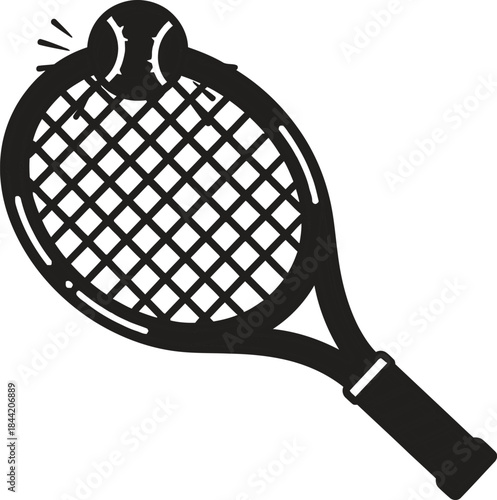 Black silhouette of a tennis racket hitting a ball in a dynamic motion vector illustration