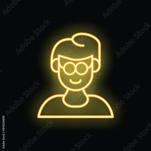 Yellow neon sign of the head and shoulders of a smiling man wearing glasses, on a black background