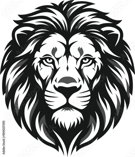 A black and white illustration of a lions head with a majestic mane