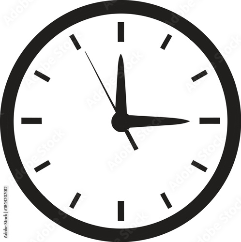 A black and white illustration of an analog clock with hour and minute hands on isolated