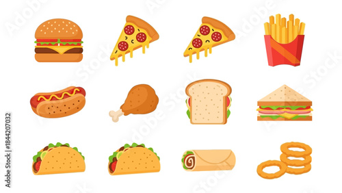 Collection of delicious fast food items, including burgers, pizza slices, french fries, hot dogs, chicken legs, sandwiches, tacos, burritos, and onion rings
